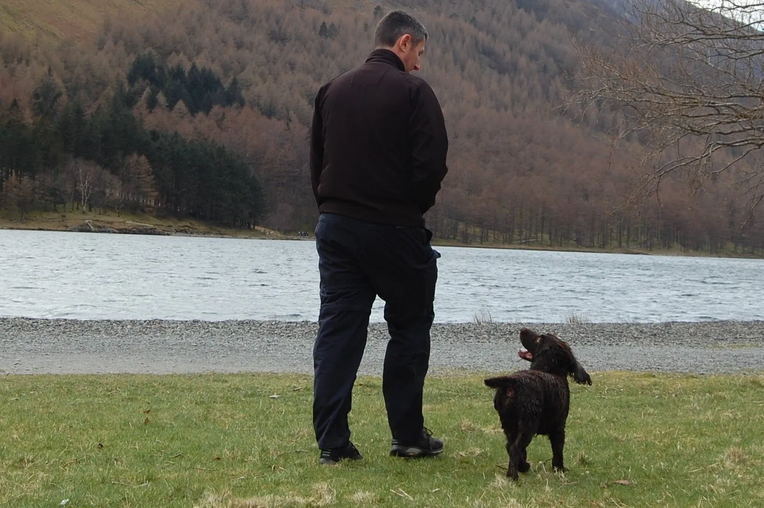 Man walking with dog near a lake